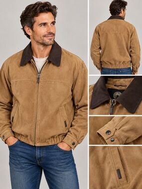 Weatherproof Garment Co Men L Suede Bomber Jacket Contrast Collar Tan Vintage
